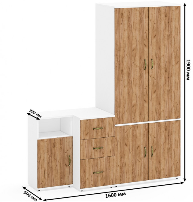 Лидер-8 Шкаф МД 19Б + Тумба МД 3.16 + Тумба МД 3.19, белый шагрень/крафт золото