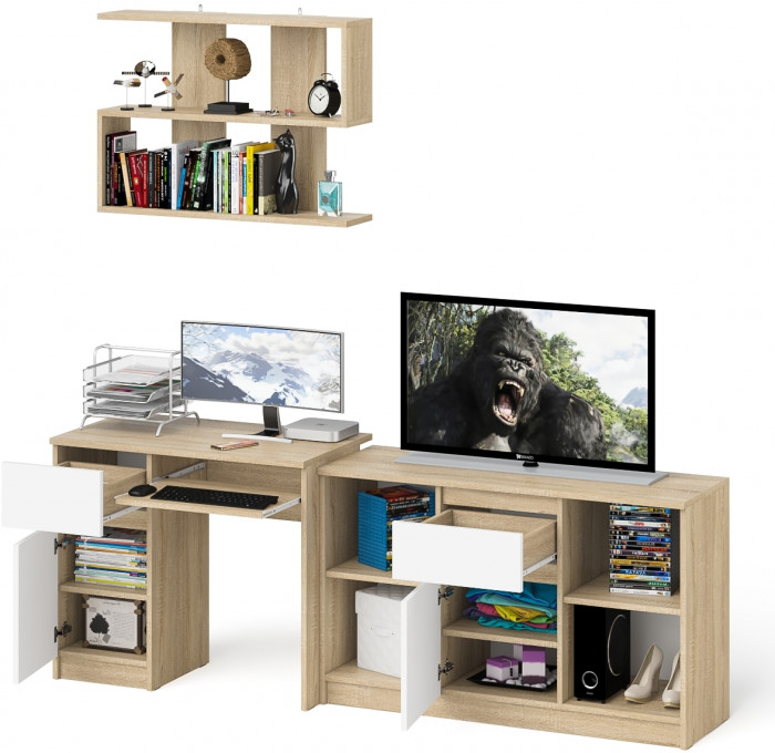 Мори компьютерный стол МС-1 левый + Тумба МТВ1204.1 + Полка 900, дуб сонома/белый
