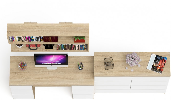 Мори компьютерный стол МС-2 + Комод МК1200.8 + Полка 1200, дуб сонома/белый