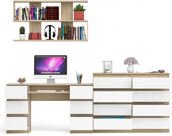 Мори компьютерный стол МС-2 + Комод МК1200.8 + Полка 1200, дуб сонома/белый