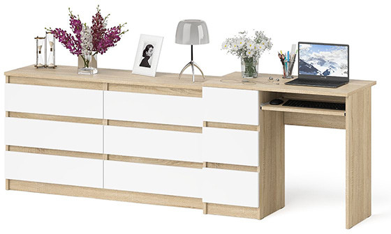 Мори компьютерный стол МС-6 левый + Комод МК1380.6, дуб сонома/белый