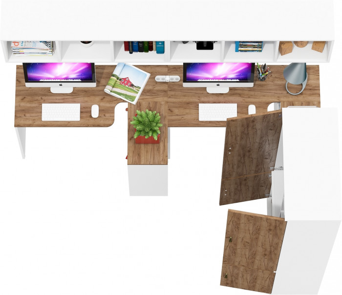 Лидер-8 Стол + Полка + Стол + Полка + Шкаф МД 20Б, цвет белый шагрень/крафт золото, ШхГхВ 410х50/37,5х75/190 или 230х160/50х75/190 см., НЕ ун. сборка