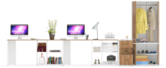 Лидер-8 Стол + Стол + Шкаф МД 19Б + Тумба МД 3.16, цвет белый шагрень/крафт золото, ШхГхВ 450х50х75/190 или 230х200/50х75/190 см., НЕ ун. сб.