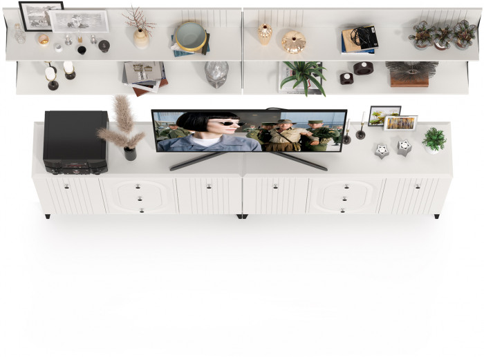 Валенсия Гостиная № 091, цвет ЛДСП белый шагрень/МДФ белый шагрень, ШхГхВ 266,3х38,4х225 см.