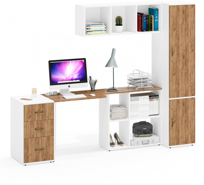 Лидер-8 Стол + Полка + Тумба МД 3.16 + Пенал МД 23Б, белый шагрень/крафт золото