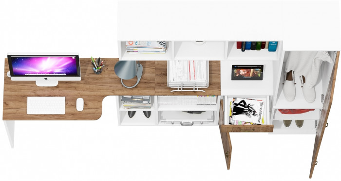 Лидер-8 Стол + Полка + Тумба МД 3.15 + Пенал МД 21Б, цвет белый шагрень/крафт золото, ШхГхВ 245х50/37,5х75/190 или 115х160/50х75/190 см., НЕ ун. сб.