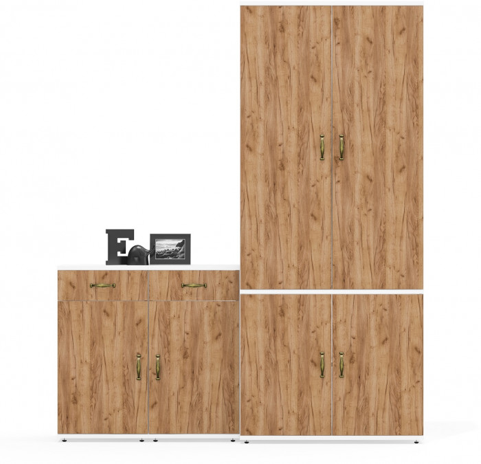 Лидер-8 Шкаф МД 20Б + Тумба МД 3.15 + Тумба МД 3.15, цвет белый шагрень/крафт золото, ШхГхВ 160х37,5х190 см., НЕ универсальная сборка