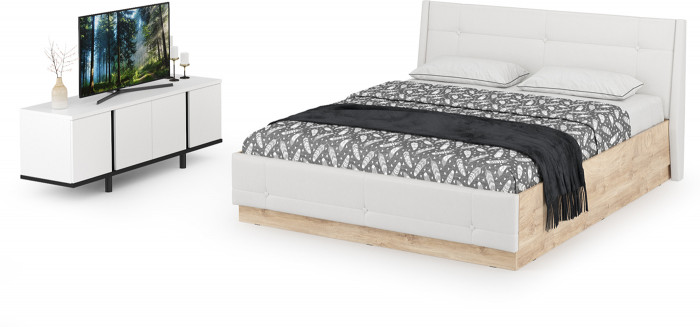 Муссон Кровать 11.28 + подъёмный ортопед + Тумба под ТВ Квадро 13.276, цвет белый/чёрный/дуб эндгрейн элегантный/кожзам белый, 1600х2000 мм., б/м