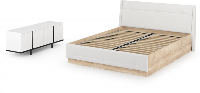 Муссон Кровать 11.28 + подъёмный ортопед + Тумба под ТВ Квадро 13.276, цвет белый/чёрный/дуб эндгрейн элегантный/кожзам белый, 1600х2000 мм., б/м