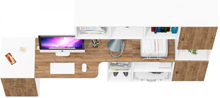 Лидер-8 Стол + Полка + Тумба МД 3.16 + Пенал, белый шагрень/крафт золото
