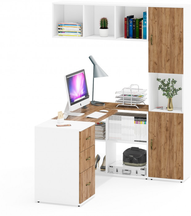 Лидер-8 Стол + Полка + Тумба МД 3.16 + Пенал, белый шагрень/крафт золото