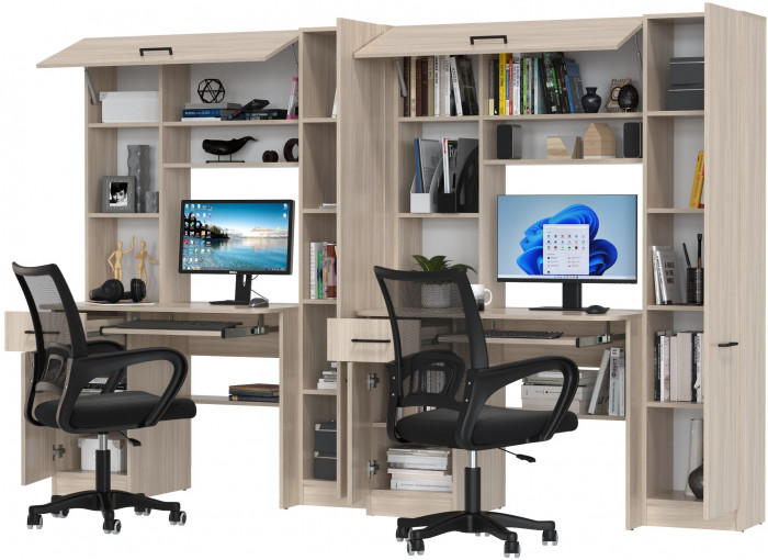 Два стола рабочих 6-0603 Альфа + два кресла 103 чёрных, цвет ясень шимо светлый, ШхГхВ 274х61х181 см., универсальная сборка