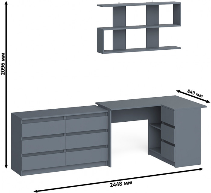 Мори компьютерный стол МС-16 правый + Комод МК1200.6 + Полка 1200, графит