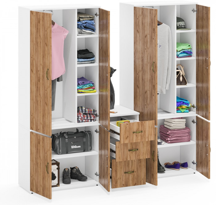 Лидер-8 Шкаф МД 20Б + Шкаф МД 20Б + Тумба МД 3.16, цвет белый шагрень/крафт золото, ШхГхВ 200х50х190 см., НЕ универсальная сборка