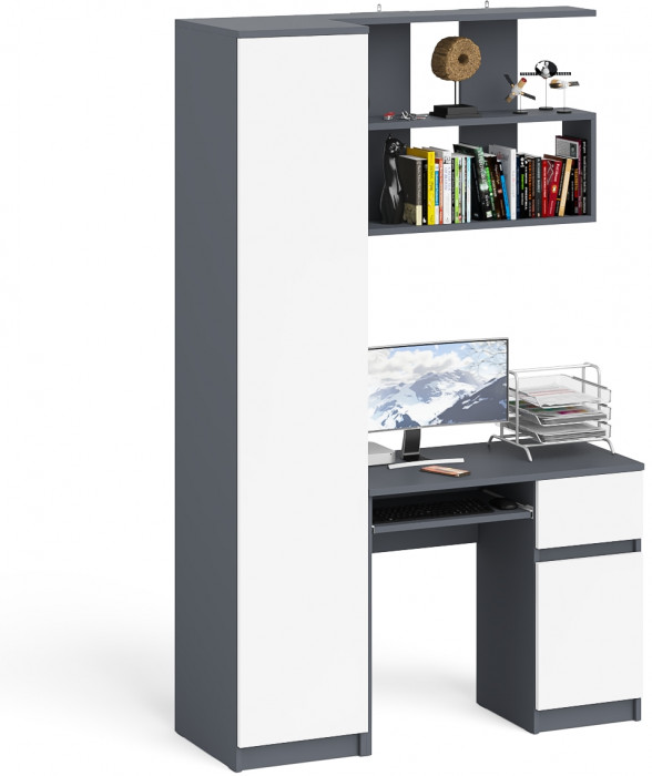 Мори Стол компьютерный МС-1 правый + Пенал МШ400.1 + Полка 900, цвет графит/белый, ШхГхВ 130,4х50,4х209,6 см., НЕ универсальная сборка