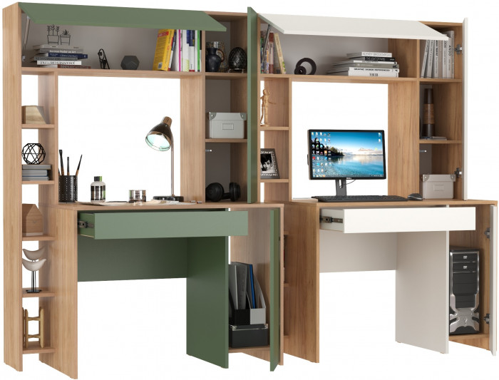 Два стола комп. Комфорт 12.71, гикори рокфорд натуральный/дымчатый зелёный/дуб золотой/белый