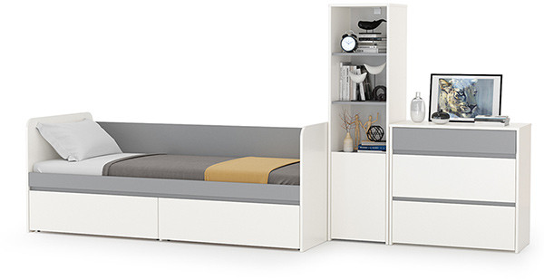 Торонто Компоновка № 24, цвет белый шагрень/стальной серый, ШхГхВ 314х84,4х149,7 см., сп. м. 800х1900 мм., б/м, основание есть, универсальная сборка