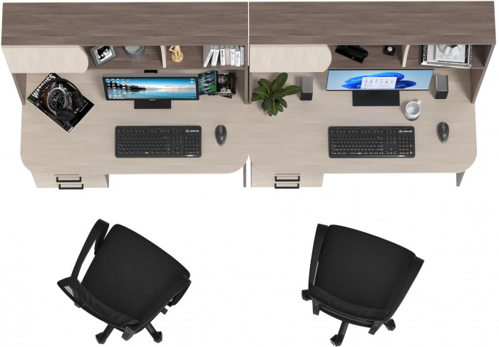 Два стола рабочих 6-0606 Сигма + два кресла 103 чёрных, цвет бодега тёмный/бодега светлый, ШхГхВ 241х60,5х166 см., НЕ универсальная сборка