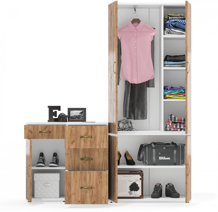 Лидер-8 Шкаф МД 20Б + Тумба МД 3.15 + Тумба МД 3.16, цвет белый шагрень/крафт золото, ШхГхВ 160х50х190 см., НЕ универсальная сборка