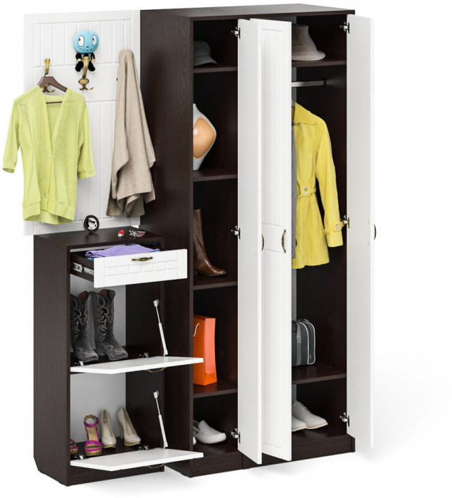 Прихожая П-6 Компоновка № 50, венге/фасады МДФ белое дерево фрезеровка прованс