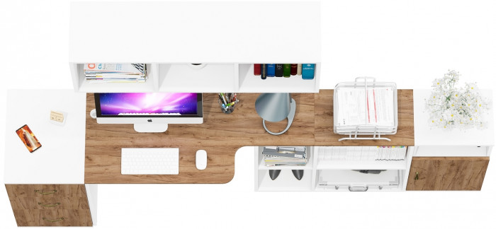 Лидер-8 Стол + Полка + Тумба МД 3.16 + Тумба МД 3.19, белый шагрень/крафт золото