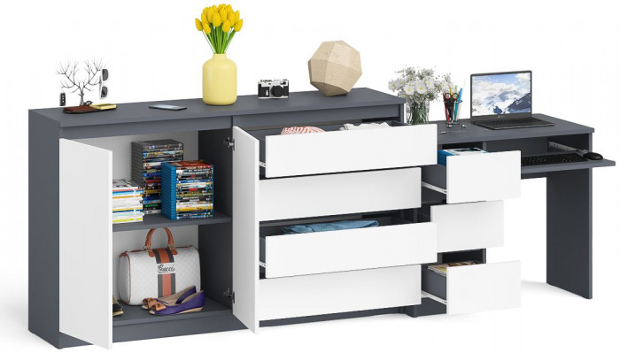 Мори компьютерный стол МС-6 левый + Комод МК1600.1, графит/белый
