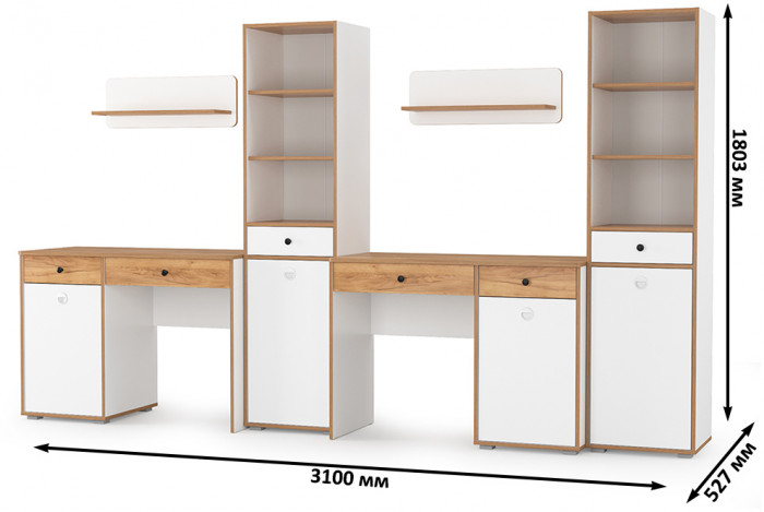 Вуди Компоновка № 15, цвет белый премиум/дуб крафт золотой, ШхГхВ 310х52,7х180,3 см., универсальная сборка