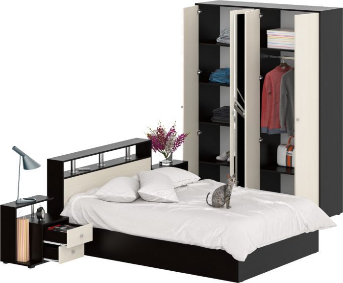 Камелия спальня № 1 Кровать 1400 + Две тумбы + Шкаф 4-х створчатый, цвет венге/дуб лоредо, сп.м. 1400х2000 мм., б/м, основание есть