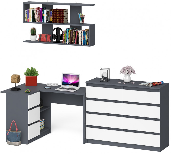 Мори компьютерный стол МС-16 левый + Комод МК1200.8 + Полка 1200, графит/белый