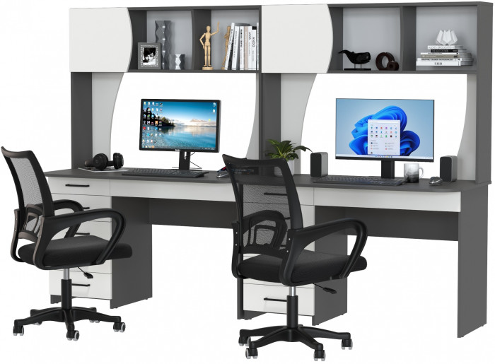 Два стола рабочих 6-0606 Сигма + два кресла 103 чёрных, цвет графит/белый, ШхГхВ 241х60,5х166 см., НЕ универсальная сборка