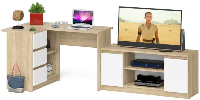 Мори Стол компьютерный МС-16 левый + Тумба МТВ1200.1, цвет дуб сонома/белый, ШхГхВ 244,8х84,9х76,6 см., выдвижные ящики слев, НЕ универсальная сборкаа
