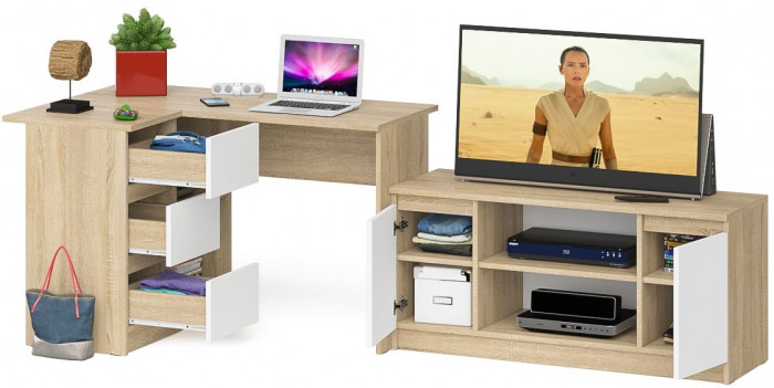 Мори Стол компьютерный МС-16 левый + Тумба МТВ1200.1, цвет дуб сонома/белый, ШхГхВ 244,8х84,9х76,6 см., выдвижные ящики слев, НЕ универсальная сборкаа
