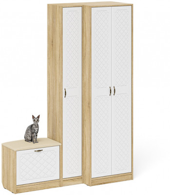 Прихожая П-6 Компоновка № 25, дуб сонома/фасады МДФ белое дерево фрезеровка ромб