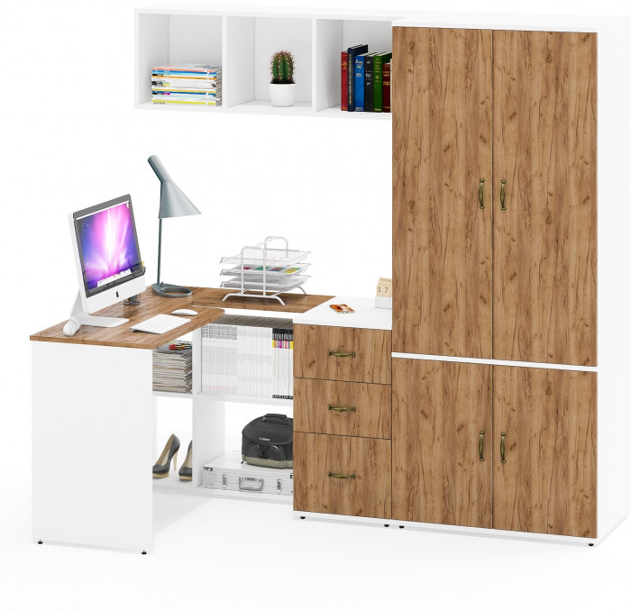 Лидер-8 Стол + Полка + Тумба МД 3.16 + Шкаф МД 19Б, белый шагрень/крафт золото