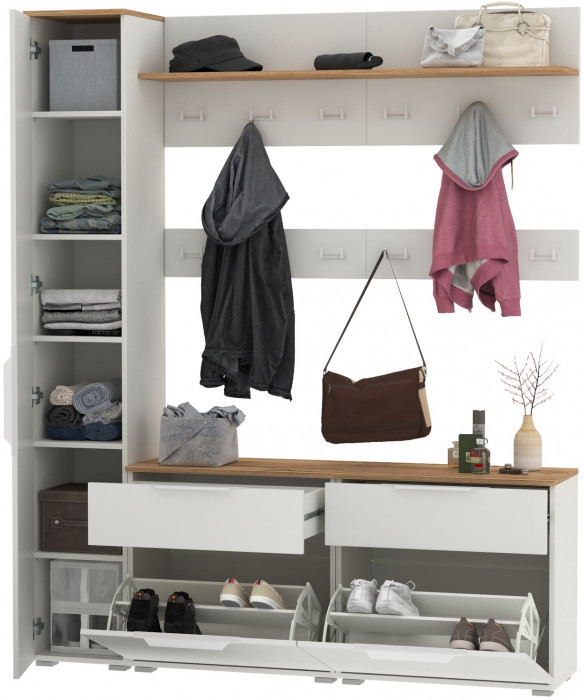 Октава Прихожая 34, цвет белый шагрень/дуб крафт золотой/фасады МДФ белый шагрень, ШхГхВ 162х35,4х197,6 см., универсальная сборка