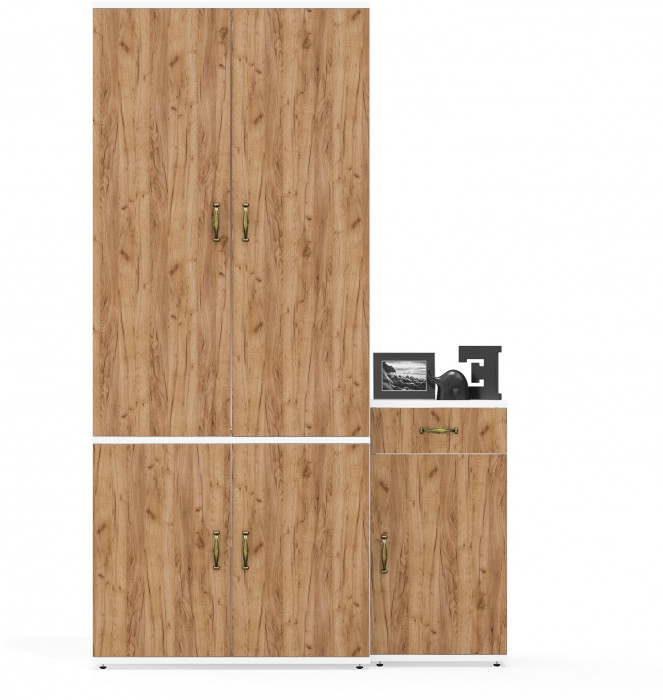 Лидер-8 Шкаф МД 20Б + Тумба МД 3.15, белый шагрень/крафт золото