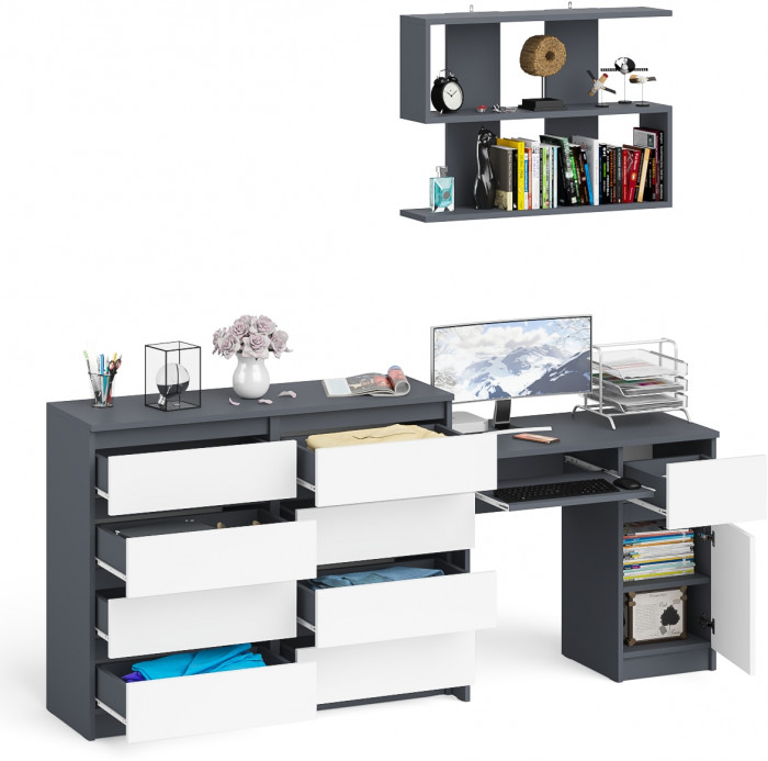 Мори компьютерный стол МС-1 правый + Комод МК1200.8 + Полка 900, графит/белый