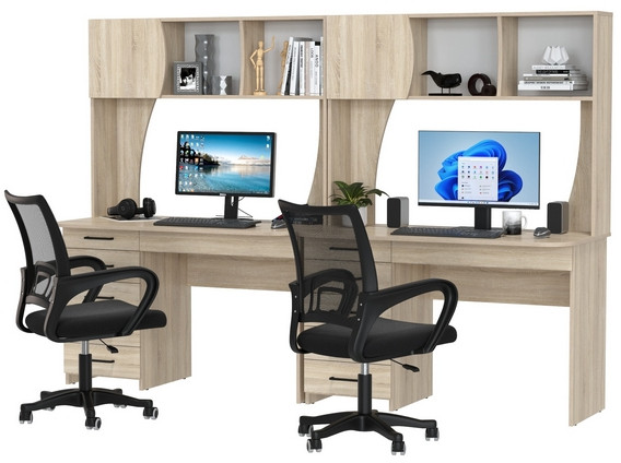 Два стола рабочих 6-0606 Сигма + два кресла 103 чёрных, цвет дуб сонома, ШхГхВ 241х60,5х166 см., НЕ универсальная сборка