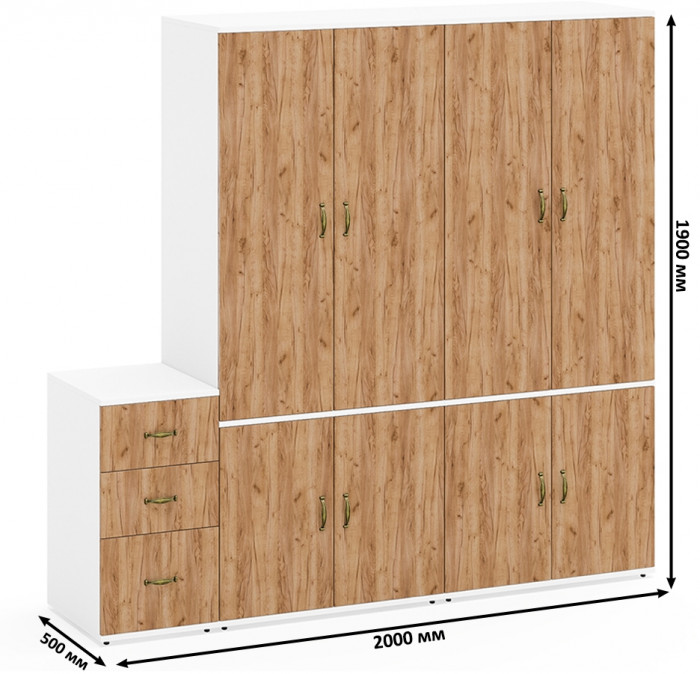 Лидер-8 Шкаф МД 19Б + Шкаф МД 19Б + Тумба МД 3.16, белый шагрень/крафт золото