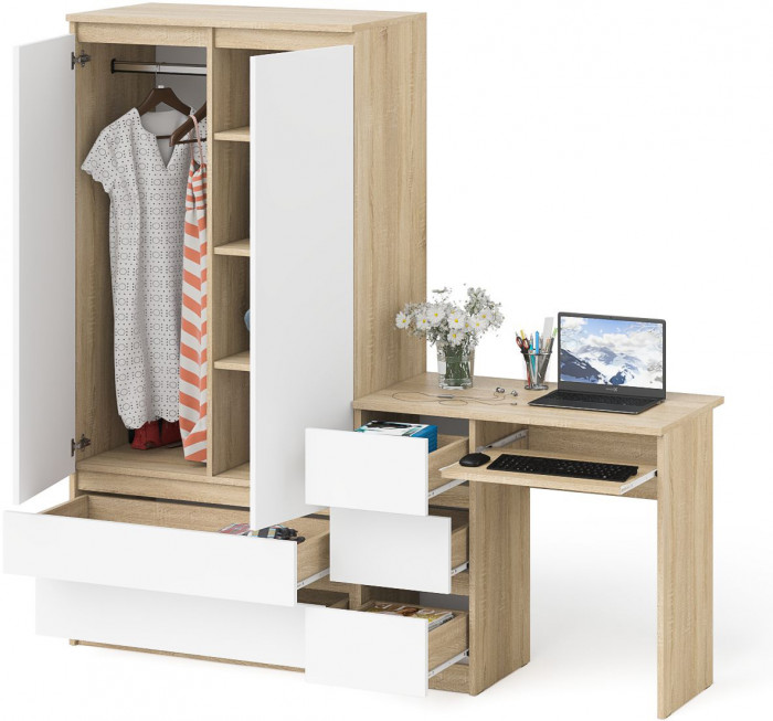 Мори компьютерный стол МС-6 левый + Шкаф МШ900.1, дуб сонома/белый
