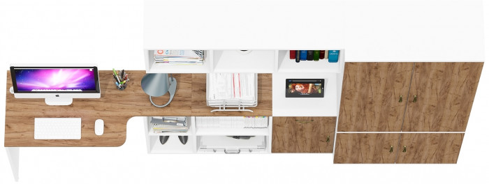 Лидер-8 Стол + Полка + Тумба МД 3.15 + Шкаф МД 20Б, цвет белый шагрень/крафт золото, ШхГхВ 285х50/37,5х75/190 или 115х200/50х75/190 см., НЕ ун. сб.