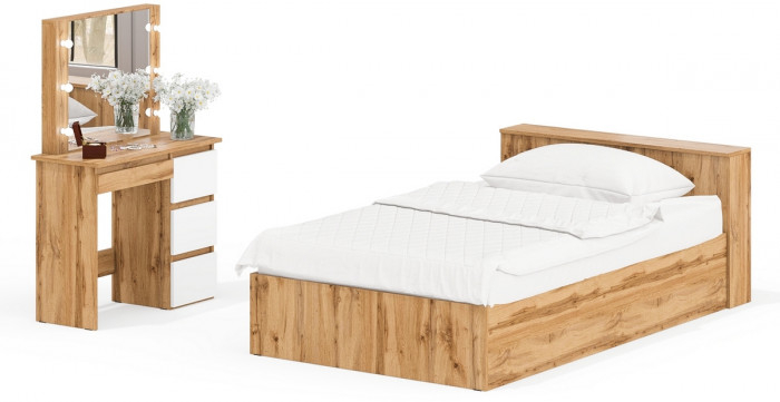Ксения Кровать с ящиками 1200 + Стол косметический с подсветкой Сура, дуб вотан/белый