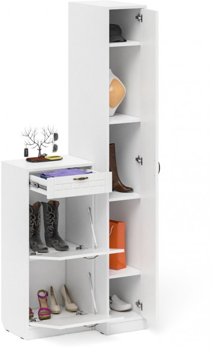 Прихожая П-6 Компоновка № 42, цвет белая шагрень/фасады МДФ белое дерево фрезеровка прованс, ШхГхВ 80х50х210 см., универсальная сборка