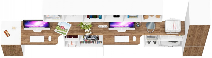 Лидер-8 Стол + Полка + Стол + Полка + Пенал МД 23Б + Тумба МД 3.16, белый шагрень/крафт золото