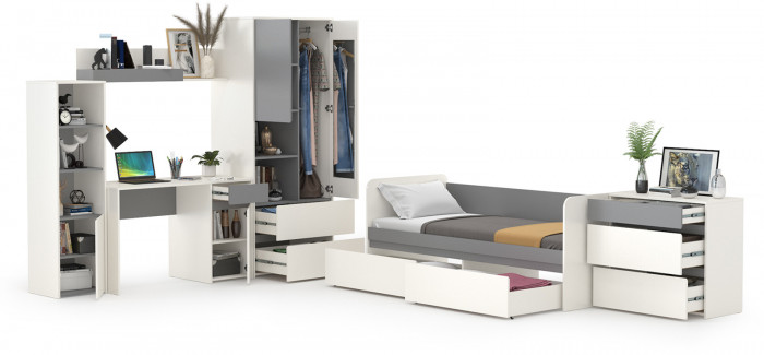 Торонто Компоновка № 27, цвет белый шагрень/стальной серый, сп. м. 800х1900 мм., б/м, основание есть, универсальная сборка