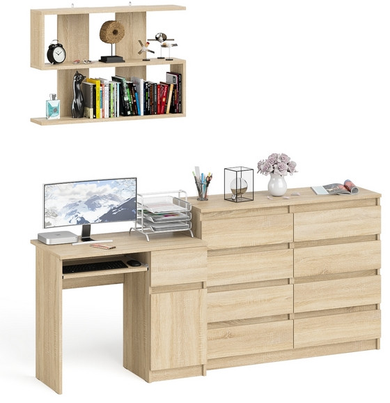 Мори компьютерный стол МС-1 правый + Комод МК1200.8 + Полка 900, дуб сонома