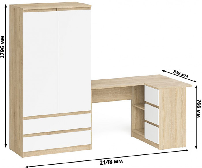 Мори компьютерный стол МС-16 правый + Шкаф МШ900.1, дуб сонома/белый