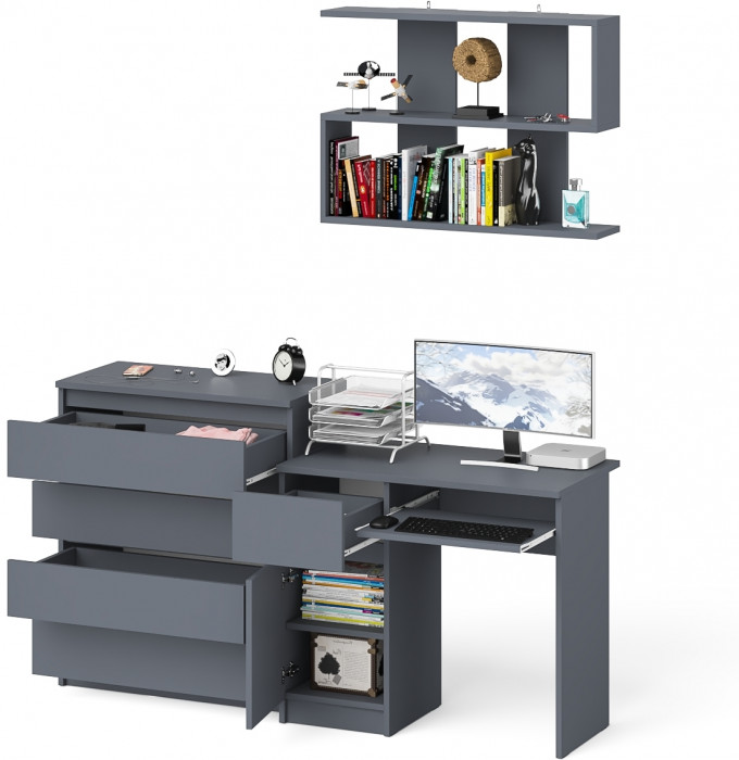 Мори Стол компьютерный МС-1 левый + Комод МК800.4 + Полка 900, цвет графит, ШхГхВ 170,4х50х209,6 см., НЕ универсальная сборка