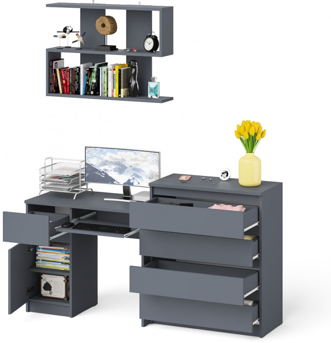 Мори Стол компьютерный МС-1 левый + Комод МК800.4 + Полка 900, цвет графит, ШхГхВ 170,4х50х209,6 см., НЕ универсальная сборка
