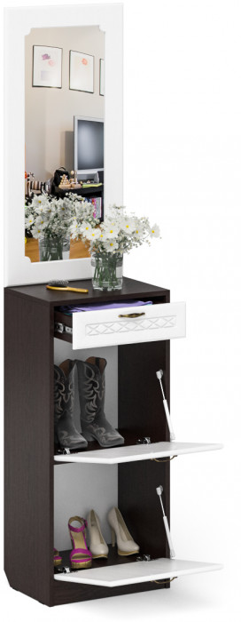 Прихожая П-6 Тумба для обуви 2 секции + Зеркало, цвет венге/фасады МДФ белое дерево фрезеровка ромб, ШхГхВ 50х35х210 см.